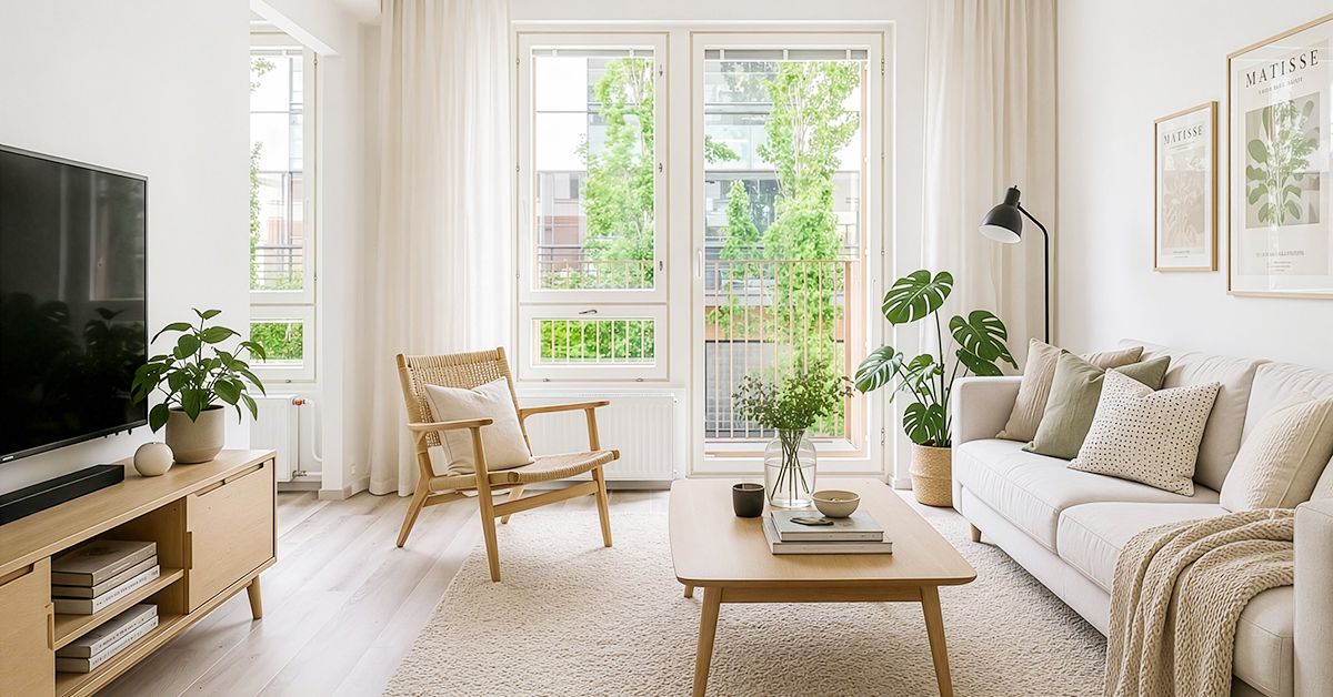 Digistailattu kuva Kivenlahden Kuohun asunnon olohuoneesta.